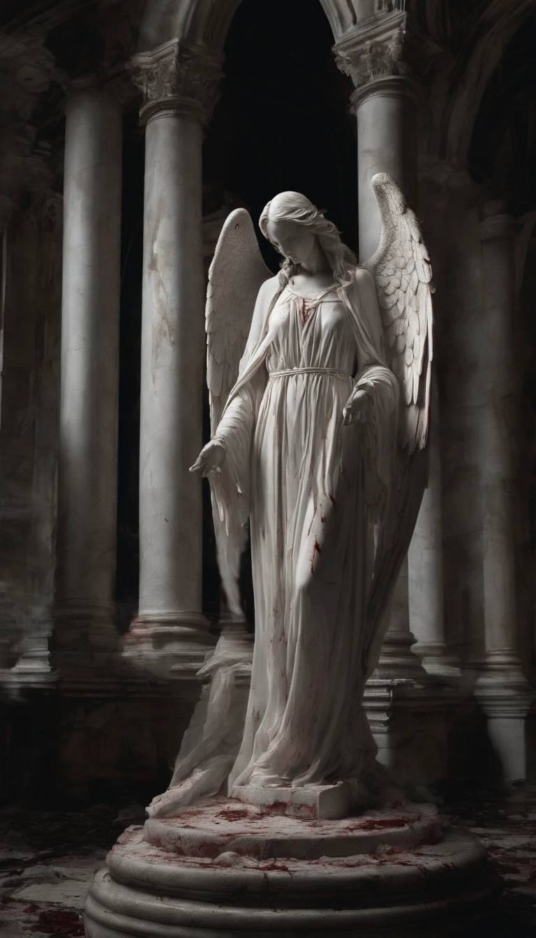 A female angel statue wearing a white robe with blood stains. The angel stands on a circular stone pedestal inside a church. The angel has a pair of angel wings on her back. Many lit candles are placed around her feet, and there are bloodstains everywhere. Blood tears flow down the angel's face.
(best quality,4k,8k,highres,masterpiece:1.2),ultra-detailed,(realistic,photorealistic,photo-realistic:1.37), marble sculpture, stained white robe with bloodstains, intricate facial features, delicate angel wings, blood tears streaming down face, stone pedestal in a circular shape, candlelit scenery, somber atmosphere, gothic church setting, eerie lighting, muted color palette.