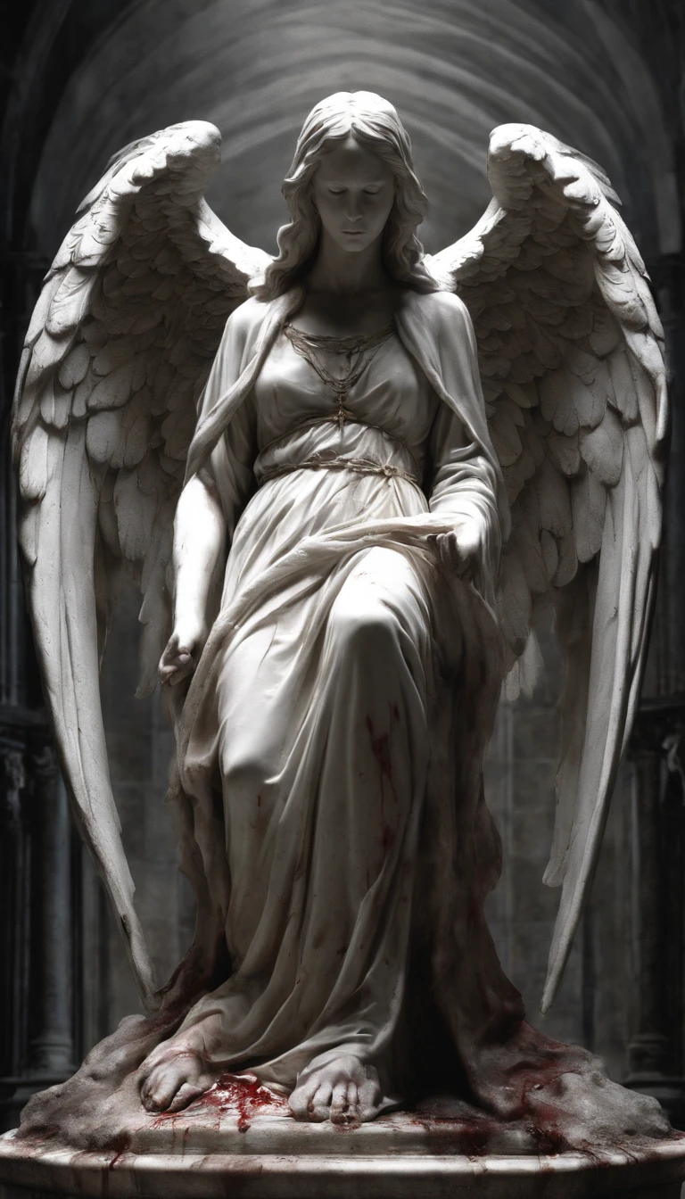 A female angel statue wearing a white robe with blood stains. The angel stands on a circular stone pedestal inside a church. The angel has a pair of angel wings on her back. Many lit candles are placed around her feet, and there are bloodstains everywhere. Blood tears flow down the angel's face.
(best quality,4k,8k,highres,masterpiece:1.2),ultra-detailed,(realistic,photorealistic,photo-realistic:1.37), marble sculpture, stained white robe with bloodstains, intricate facial features, delicate angel wings, blood tears streaming down face, stone pedestal in a circular shape, candlelit scenery, somber atmosphere, gothic church setting, eerie lighting, muted color palette.