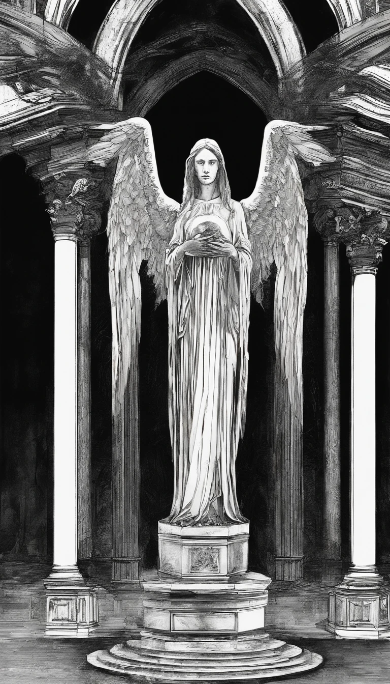 A stone statue of a female angel,Wearing a white robe,There was blood on the robe,The angel stands on a circular stone platform,In the church,The angel has a pair of angel wings on his back,There are a lot of lit candles at your feet,There was blood everywhere,Two lines of bloody tears flowed from the angel's face
