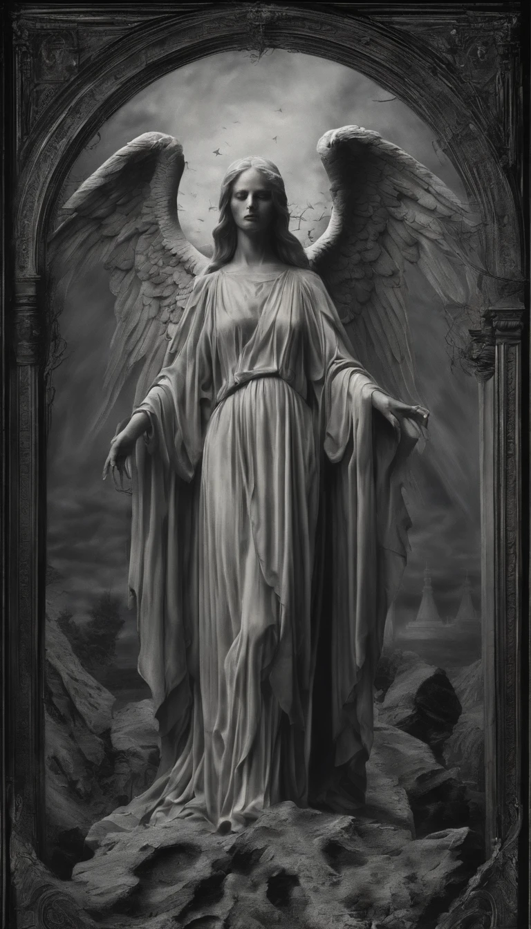 A stone statue of a female angel,Wearing a white robe,There was blood on the robe,The angel stands on a circular stone platform,In the church,The angel has a pair of angel wings on his back,There are a lot of lit candles at your feet,There was blood everywhere,Two lines of bloody tears flowed from the angel's face