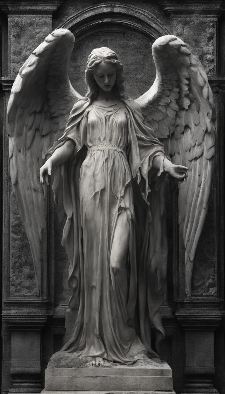 A stone statue of a female angel，Wearing a white robe，There was blood on the robe，The angel stands on a circular stone platform，In the church，The angel has a pair of angel wings on his back，There are a lot of lit candles at your feet，There was blood everywhere，Two lines of bloody tears flowed from the angel's face