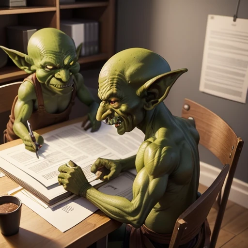 office room, Filled with meter-tall green goblins, sitting at tables with papers and documents. higly detailed. Top Quality.