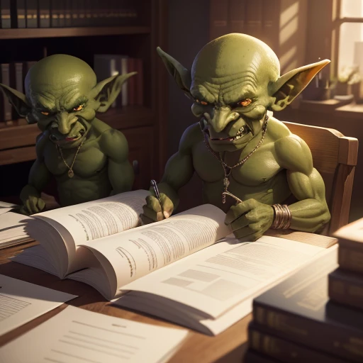 office room, Filled with half-meter green goblins, Sitting at tables with papers and documents. More than 10 goblins. higly detailed. Top Quality.