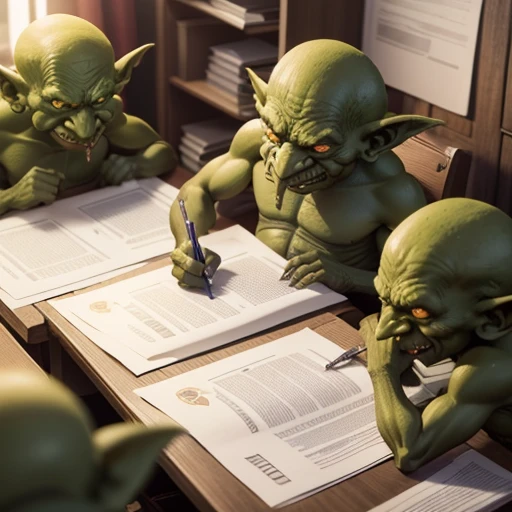 office room, Filled with half-meter green goblins, Sitting at tables with papers and documents. More than 10 goblins. higly detailed. Top Quality.