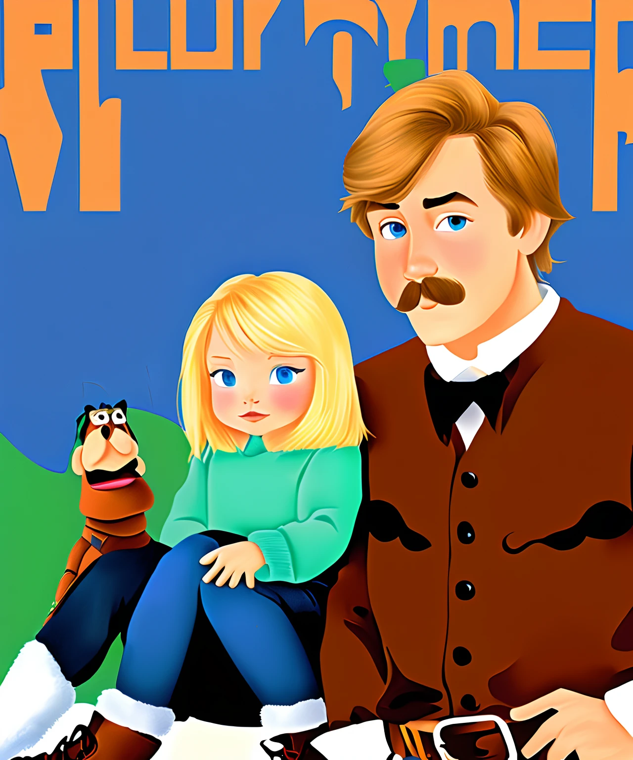 Disney Pixar poster, couple of a blonde haired girl with blue eyes wearing bellbottoms and boots, with a tall brown haired blue collar boy with blue green eyes and a mustache
