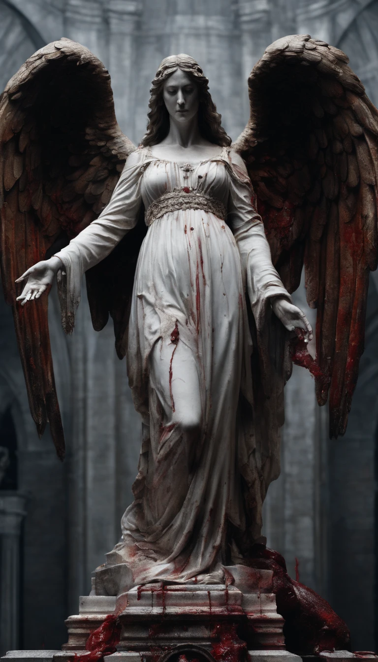 a statue of a female angel, wearing a white flowing gown with bloodstains, standing on a circular stone pedestal inside a church, the angel has a pair of angel wings on her back, surrounded by numerous lit candles, with bloodstains scattered everywhere, tears of blood streaming down the angel's face
(best quality,4k,8k,highres,masterpiece:1.2), ultra-detailed, (realistic, photorealistic, photo-realistic:1.37), HDR, UHD, studio lighting, extreme detail description, professional, vivid colors, bokeh, portraits