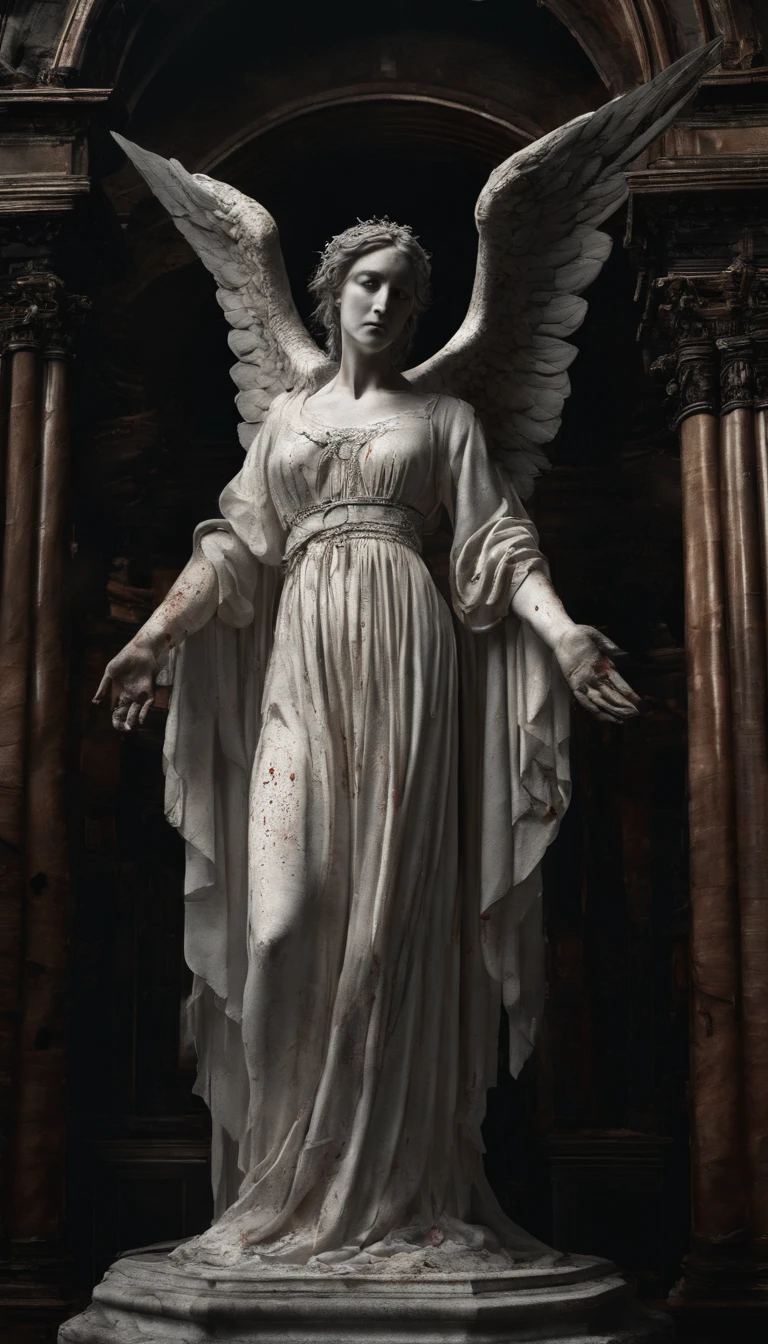 a statue of a female angel, wearing a white flowing gown with bloodstains, standing on a circular stone pedestal inside a church, the angel has a pair of angel wings on her back, surrounded by numerous lit candles, with bloodstains scattered everywhere, tears of blood streaming down the angel's face
(best quality,4k,8k,highres,masterpiece:1.2), ultra-detailed, (realistic, photorealistic, photo-realistic:1.37), HDR, UHD, studio lighting, extreme detail description, professional, vivid colors, bokeh, portraits