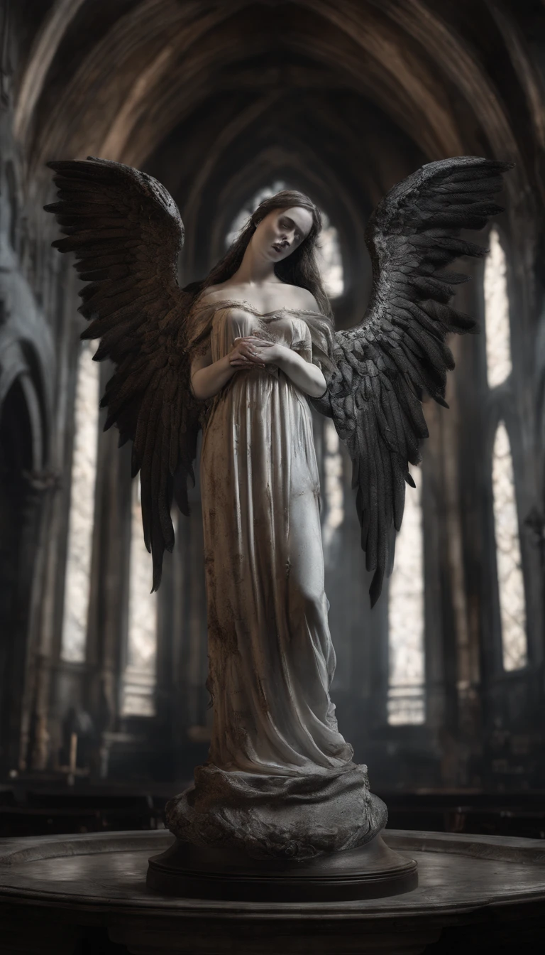 a statue of a female angel, wearing a white flowing gown with bloodstains, standing on a circular stone pedestal inside a church, the angel has a pair of angel wings on her back, surrounded by numerous lit candles, with bloodstains scattered everywhere, tears of blood streaming down the angel's face
  
(best quality,4k,8k,highres,masterpiece:1.2), ultra-detailed, (realistic, photorealistic, photo-realistic:1.37), HDR, UHD, studio lighting, extreme detail description, professional, vivid colors, bokeh, portraits