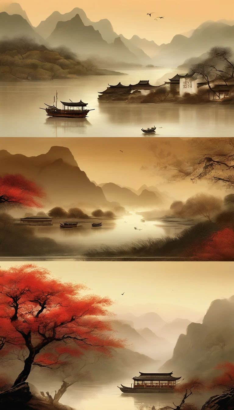 Scenery of the Yangtze River Delta region，Traditional Chinese painting、water ink、Brown tones、landscape、Ancient wind