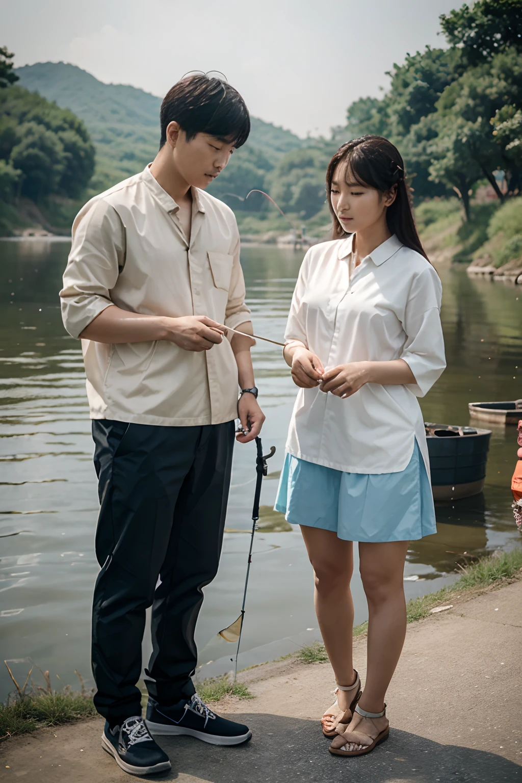 Korean man and woman fully dressed, fishing by the riverside