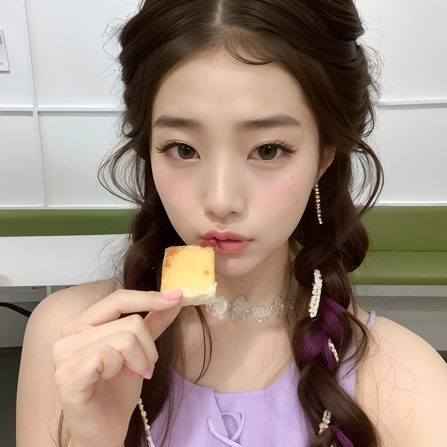 Araffe girl with long hair eating a piece of food, Jinyoung Canela, Ulzzang, Jaeyeon Nam, Heonhwa Choe, Lalisa Manobal, dilraba dilmurat, Lee Ji - Eun, Lee Ji-eun, maquiagem sul-coreana popular, maquiagem coreana popular, Sakimichan, TaeJune Kim, Chiho