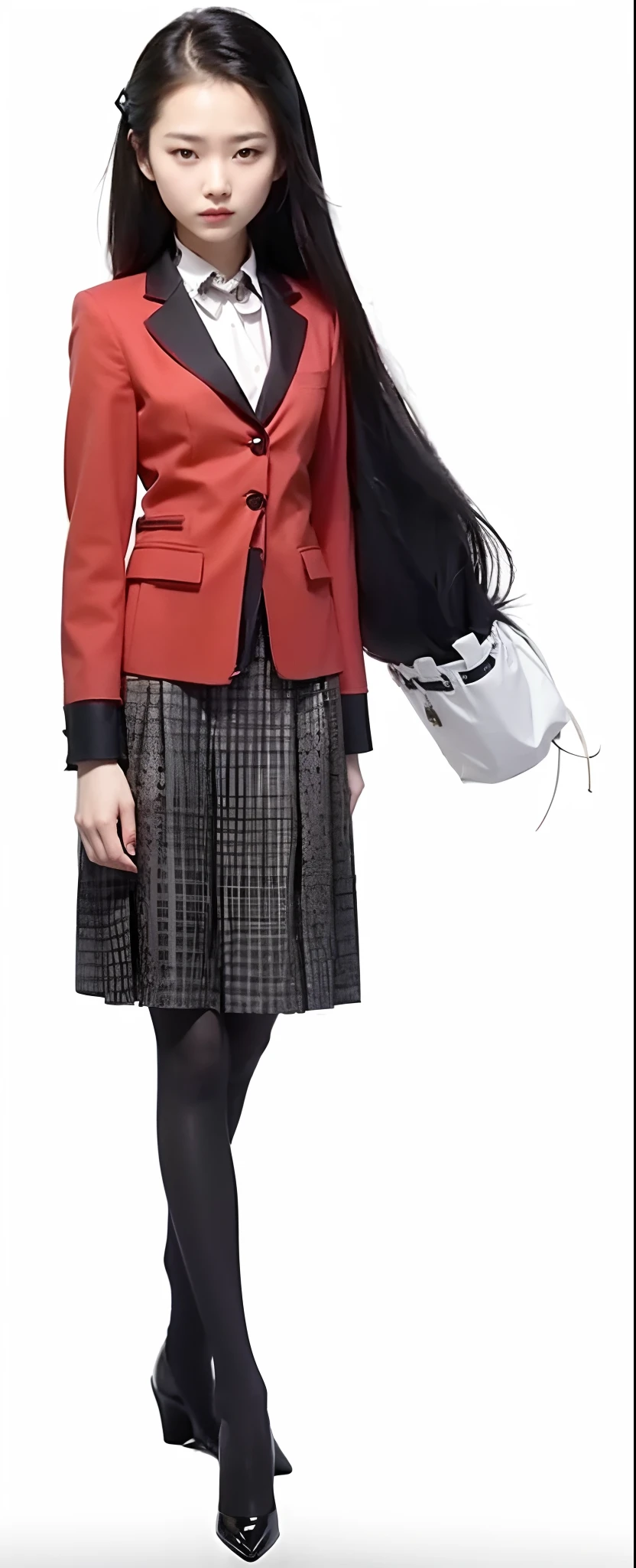 Girl with black eyes，long hair, Red top，black short skirt，black stockings，Brown shoes。