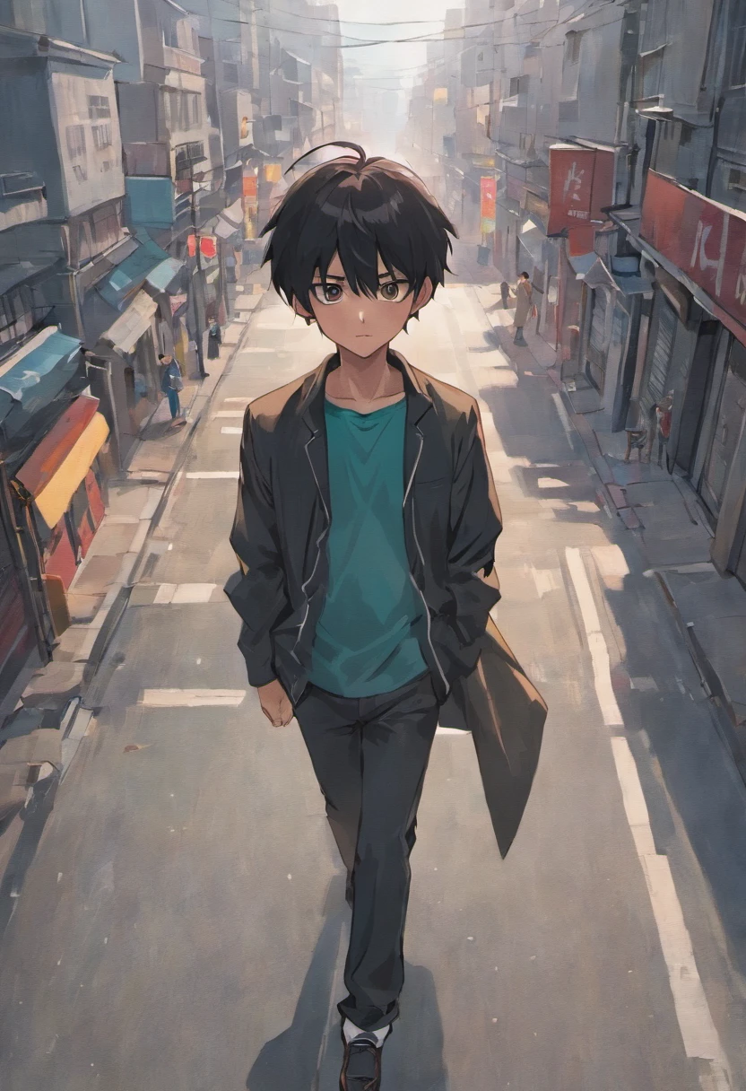 An Asian boy with a back in the middle of the road in the middle of the road slightly turned back and beautiful black hair 20 years old