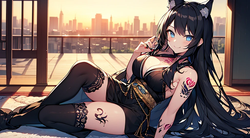 (extremely detailed CG unity 8k wallpaper), (((ultra-detailed))), ((extremely detailed)), (((best illustration))), best illumination, ((extremely delicate and beautiful)), ((an extremely delicate and beautiful girl)), sunset, Tokyo, modern city, ((1 girl, solo)), {{finely detailed beautiful eyes and detailed face}}, smug expression, smile, long hair, (((black hair))), blue eyes, beautiful detailed eyes, badass female, slender, medium breast, black white wolf ears, (black white wolf tail), (((intricate details))), (Black long kimono dress), short black boots, (((wolf tattoo on middle right thigh))), sitting, bishoujo, 16_years_old,