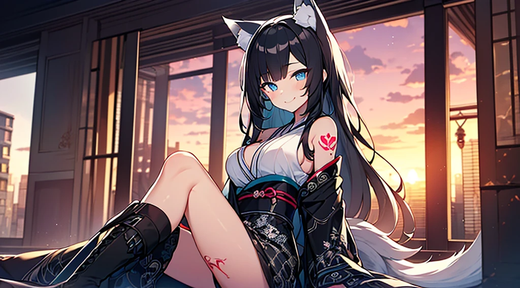 (extremely detailed CG unity 8k wallpaper), (((ultra-detailed))), ((extremely detailed)), (((best illustration))), best illumination, ((extremely delicate and beautiful)), ((an extremely delicate and beautiful girl)), sunset, Tokyo, modern city, ((1 girl, solo)), {{finely detailed beautiful eyes and detailed face}}, smug expression, smile, long hair, (((black hair))), blue eyes, beautiful detailed eyes, badass female, slender, medium breast, black white wolf ears, (black white wolf tail), (((intricate details))), (Black long kimono dress), short black boots, (((wolf tattoo on middle right thigh))), sitting, bishoujo, 16_years_old,