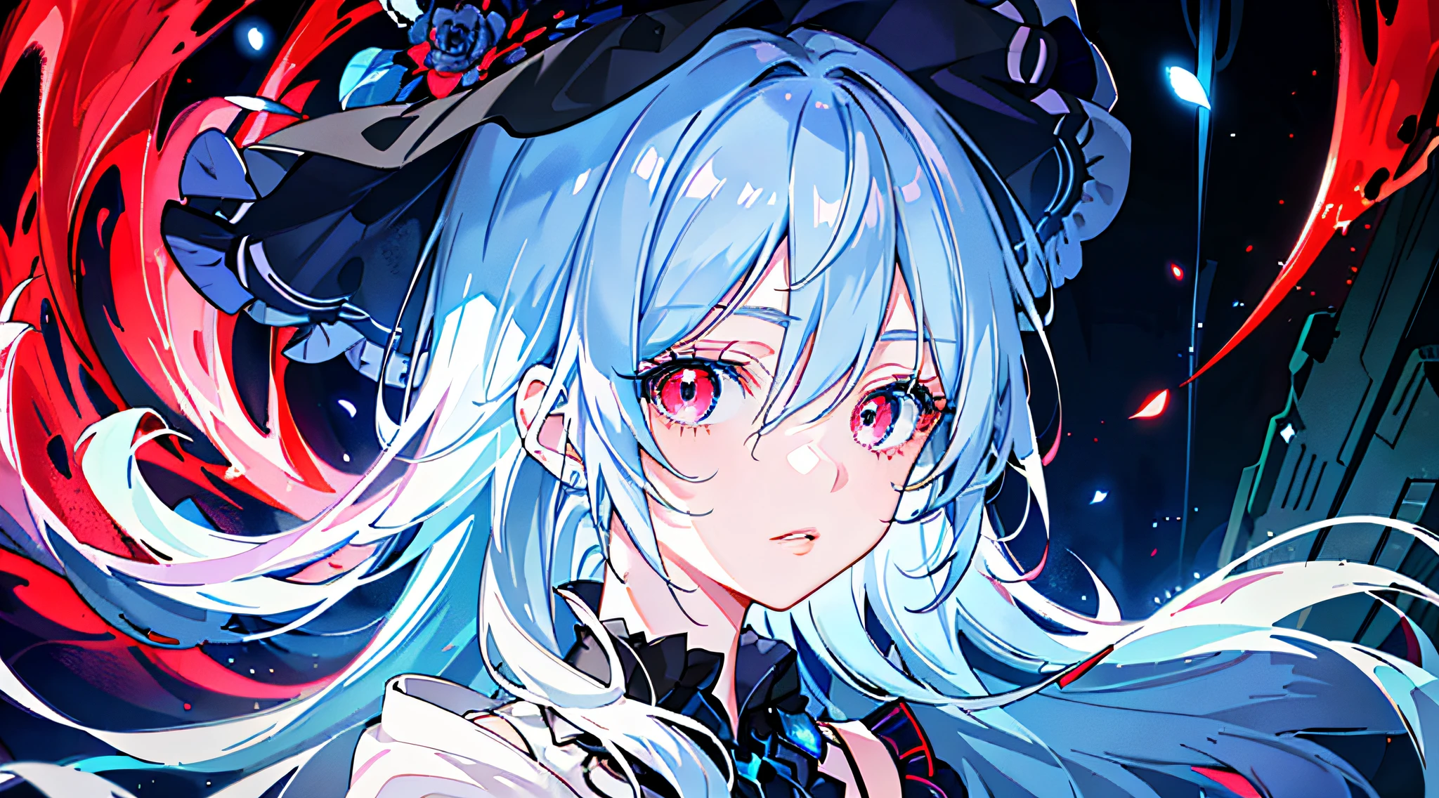 A tired girl with beautiful detailed lips, long eyelashes, and eyes and face as the main focus of the image. The girl has light blue hair and red eyes. The image is set in a dark environment, with vivid colors to create a striking contrast.