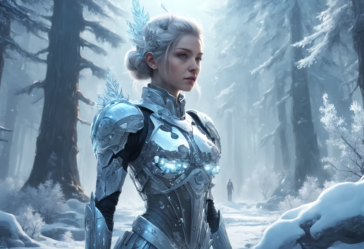 Futuristic transparent mechanical girl standing in a snowy forest, Arte conceitual de inverno, Snow and ice forest,The trees are full of ice flowers,Ice Mage, 4K fantasy art, 4K detailed digital art, ·, 4k highly detailed digital art, artgerm detailed, Ice crystal armor,dyna,lute,hdr,hyperrealistic fantasy art,Epic digital fantasy art style,Beautiful sci-fi art, Science-fi digital art illustration,science fiction digital painting, futuristic digital painting, futuristic concept art, In front of a landscape of snow-capped sci-fi pine trees and ice flowers, science fiction digital art, Fantastic transparent ethereal girl