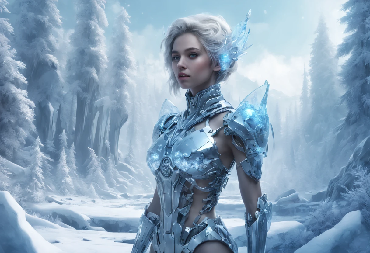 Futuristic transparent mechanical girl standing in a snowy forest, Arte conceitual de inverno, Snow and ice forest,The trees are full of ice flowers,Ice Mage, 4K fantasy art, 4K detailed digital art, ·, 4k highly detailed digital art, artgerm detailed, Ice crystal armor,dyna,lute,hdr,hyperrealistic fantasy art,Epic digital fantasy art style,Beautiful sci-fi art, Science-fi digital art illustration,science fiction digital painting, futuristic digital painting, futuristic concept art, In front of a landscape of snow-capped sci-fi pine trees and ice flowers, science fiction digital art, Fantastic transparent ethereal girl