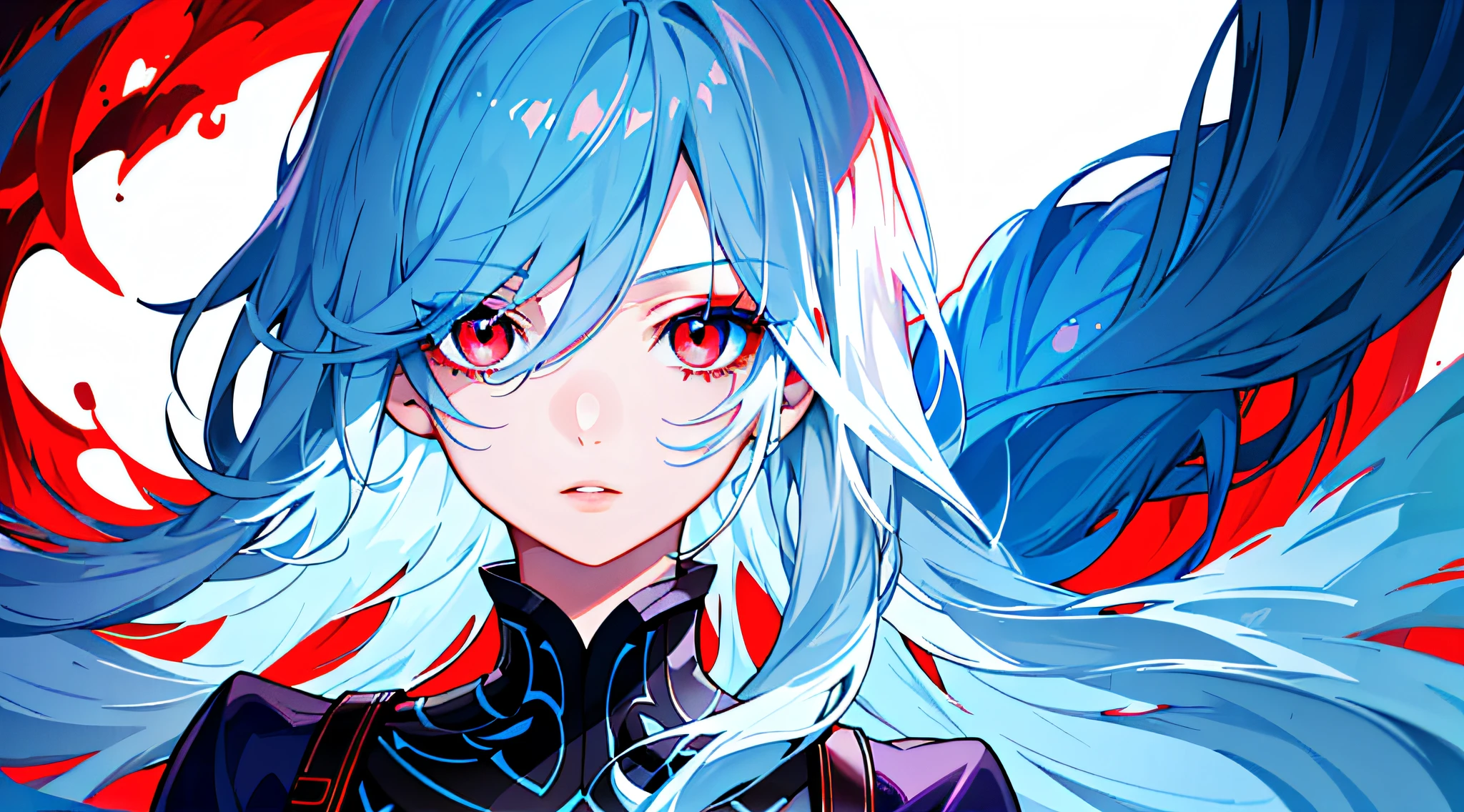 A tired girl with beautiful detailed lips, long eyelashes, and eyes and face as the main focus of the image. The girl has light blue hair and red eyes. The image is set in a dark environment, with vivid colors to create a striking contrast.