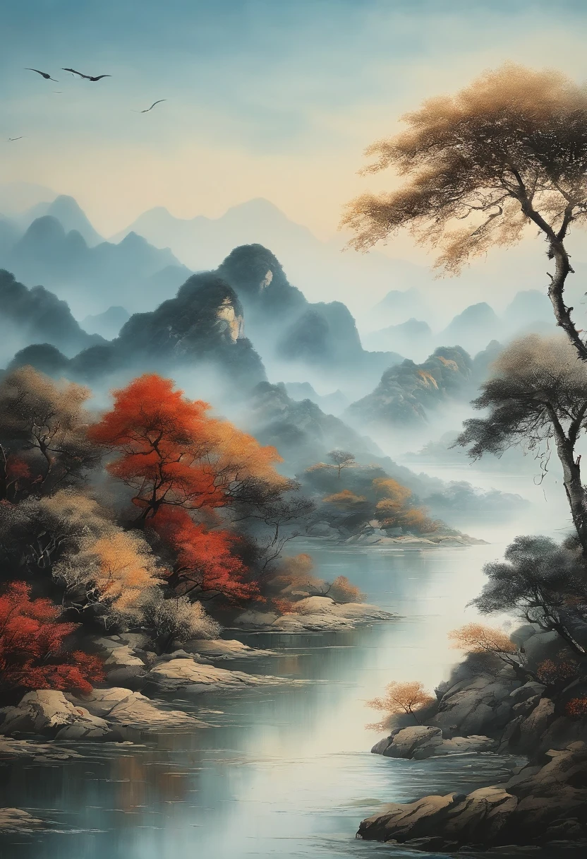 Scenery of the Yangtze River Delta region，Traditional Chinese painting、water ink、Cyan tones、landscape、Ancient wind