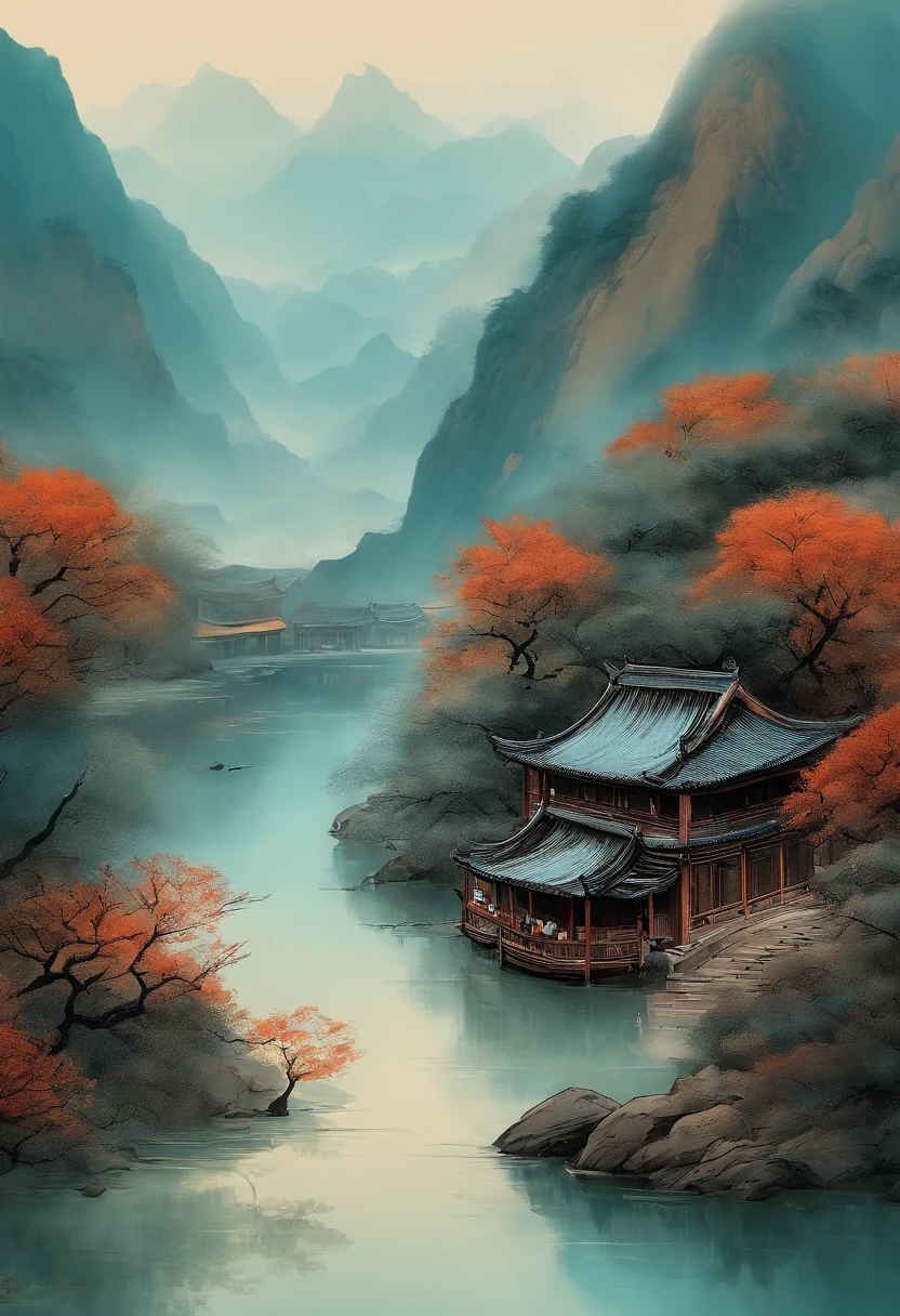 Scenery of the Yangtze River Delta region，Traditional Chinese painting、water ink、Cyan tones、landscape、Ancient wind