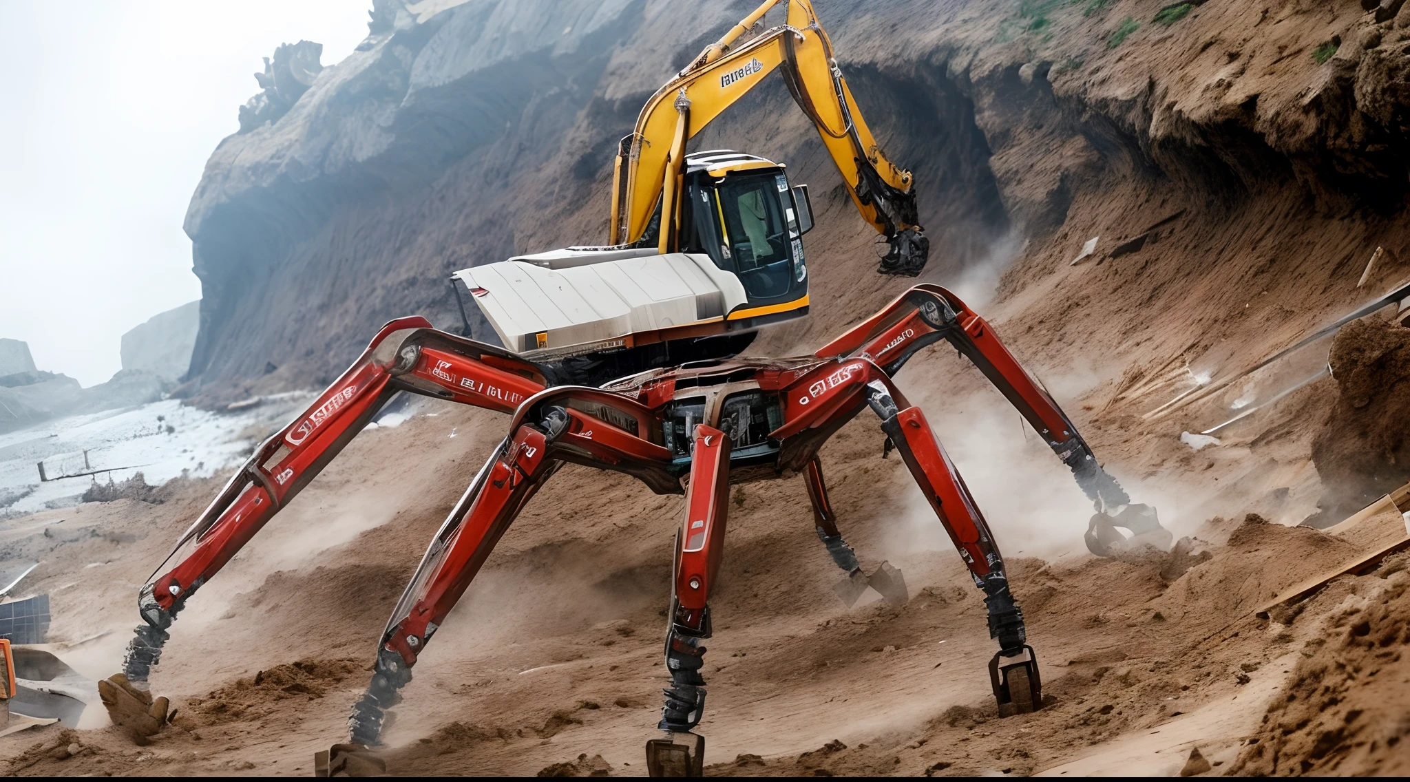 there is a large spider that is sitting on the side of a hill, massive construction machines, mechanical spider legs, spider legs large, robot in construction, giant spider, an ugly giant spider, giant quadrupedal mining robot, heavy machinery, strange giant insects, ground-breaking, 🦩🪐🐞👩🏻🦳, incredible depth, very attractive, realistic image, 16k resolution