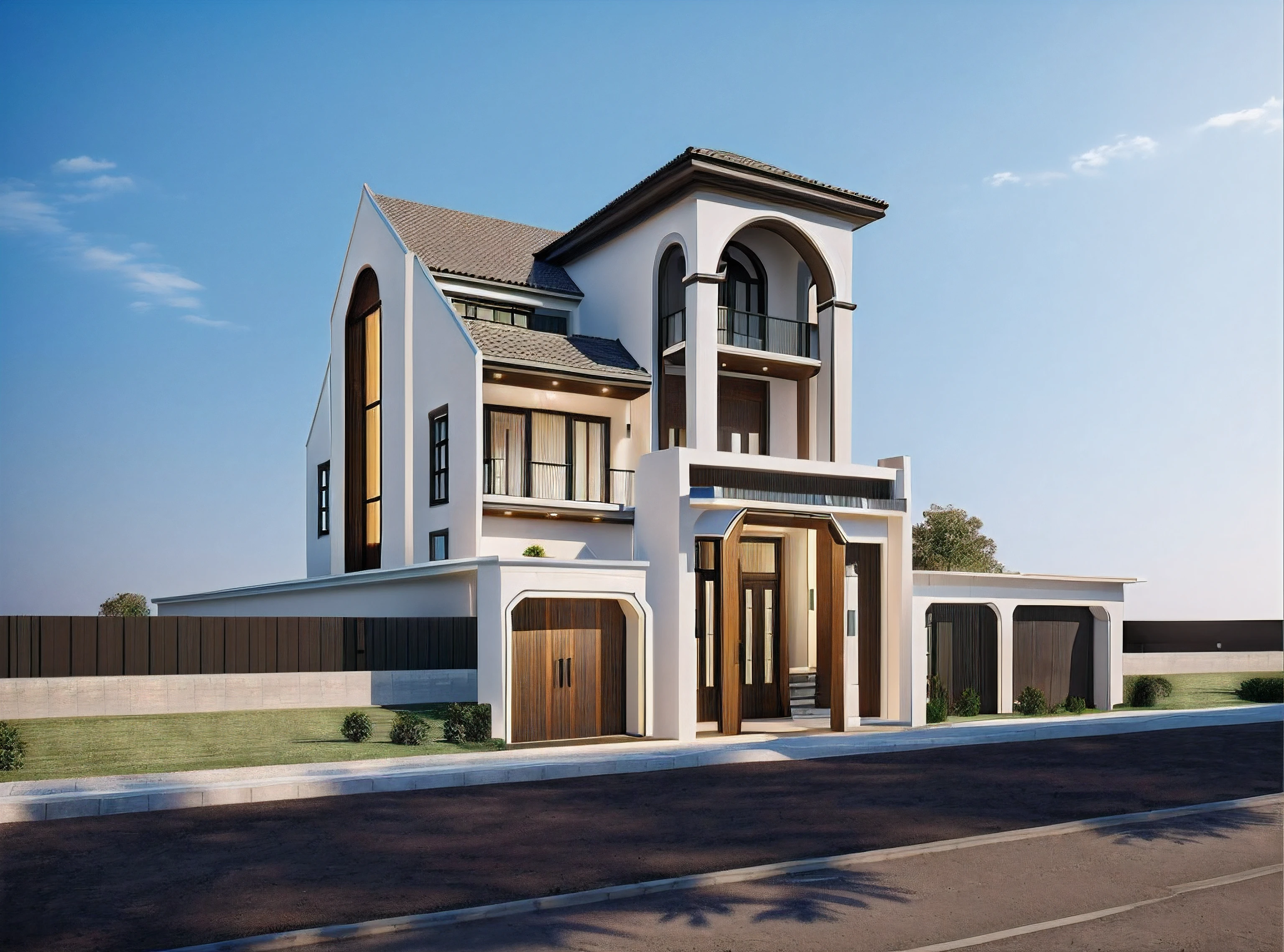 ((masterpiece, best quality, real, best quality, masterpiece:1.2), look morden minimalist, 1 road in front of the house, shime ring light, light brighteness from indoor:1.2, dynamic lighting:1.3, (hyper realistic, photo-realistic:1.2), high quality, (dark lighting:1.2), perfect lighting, archdaily, 8k, modern architecture, photorealism, ultra-detailed photo, 1 morden house, main material by white wall and hard stone, large yard, 1 road runs in front of the house, Blue sky