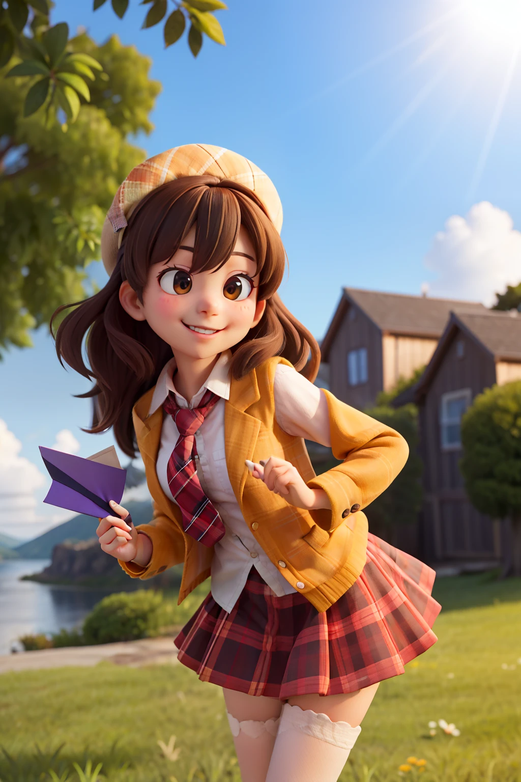 masterpiece, high quality best quality,1girl, bangs, beach, blue_sky, blush, bow, breasts, checkered, checkered_shirt, checkered_skirt, cloud, cloudy_sky, collarbone, day, envelope, giving, grass, hair_bow, heart, holding, holding_letter, horizon, incoming_gift, kazami_yuuka, leaning_forward, lens_flare, letter, light_rays, long_hair, looking_at_viewer, love_letter, mountain, mountainous_horizon, ocean, outdoors, plaid, plaid_background, plaid_bikini, plaid_bow, plaid_bowtie, plaid_bra, plaid_dress, plaid_headwear, plaid_jacket, plaid_legwear, plaid_necktie, plaid_neckwear, plaid_panties, plaid_pants, plaid_ribbon, plaid_scarf, plaid_shirt, plaid_skirt, plaid_vest, pov, shirt, skirt, sky, smile, solo, sun, sunbeam, sunlight, tree, unmoving_pattern