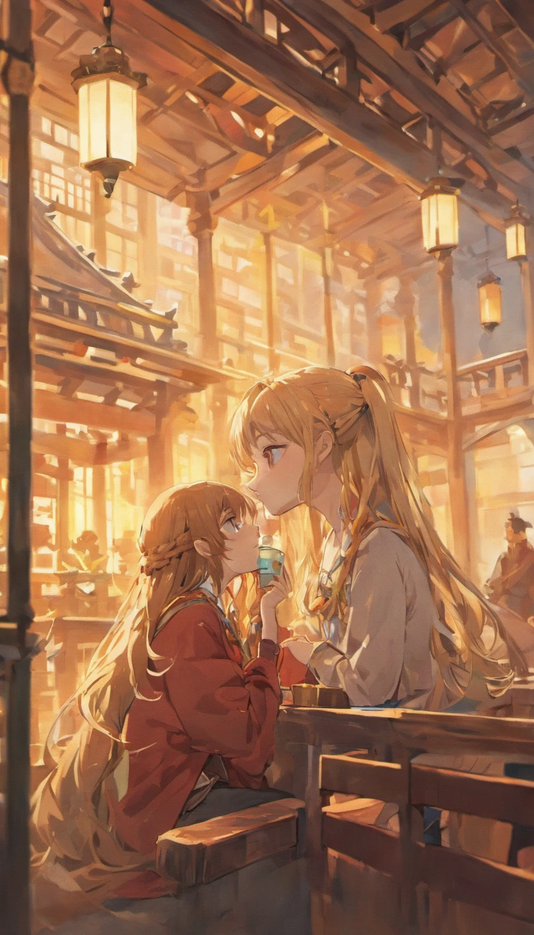 Antique long-haired girl drinking tea on campus
