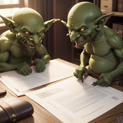 office room, Filled with half-meter green goblins, Sitting at tables with papers and documents. (Over 10 Goblins). looking at the camera. higly detailed. Top Quality.