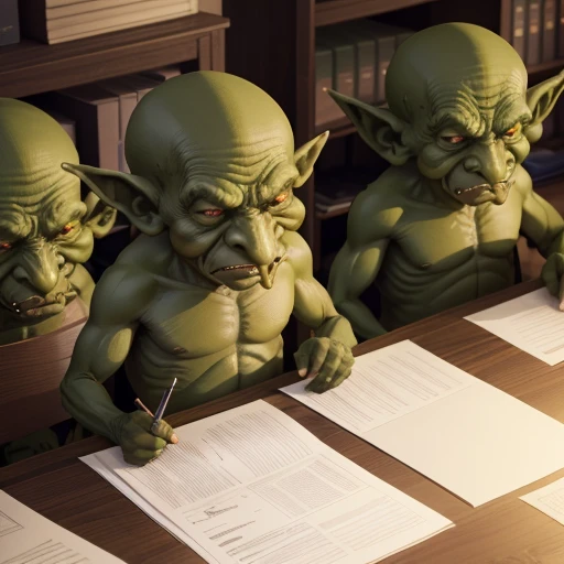 office room, Filled with half-meter green goblins, Sitting at tables with papers and documents. (Over 10 Goblins). looking at the camera. higly detailed. Top Quality.