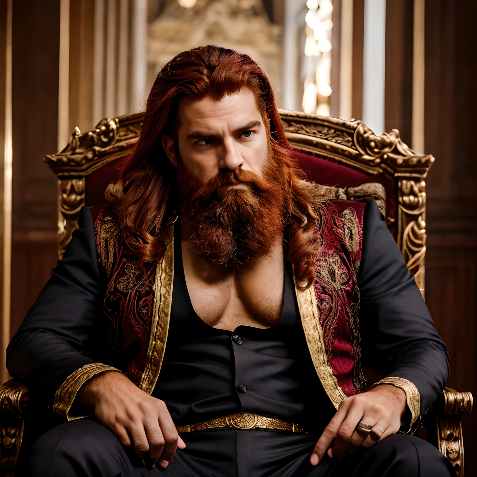 Produce a realistic depiction of a red-haired king with a majestic beard, vestido com trajes reais e coroado, sentado imponentemente em um trono ornamentado. A cena deve transmitir autoridade e nobreza. Detalhes faciais, como rugas, Facial expressions and the texture of the beard, devem ser evidenciados. O ambiente ao redor do trono deve ser luxuoso e condizente com a realeza, com detalhes que sugiram poder e riqueza. Rich colors and dramatic lighting can be used to emphasize the grandeur of the scene.