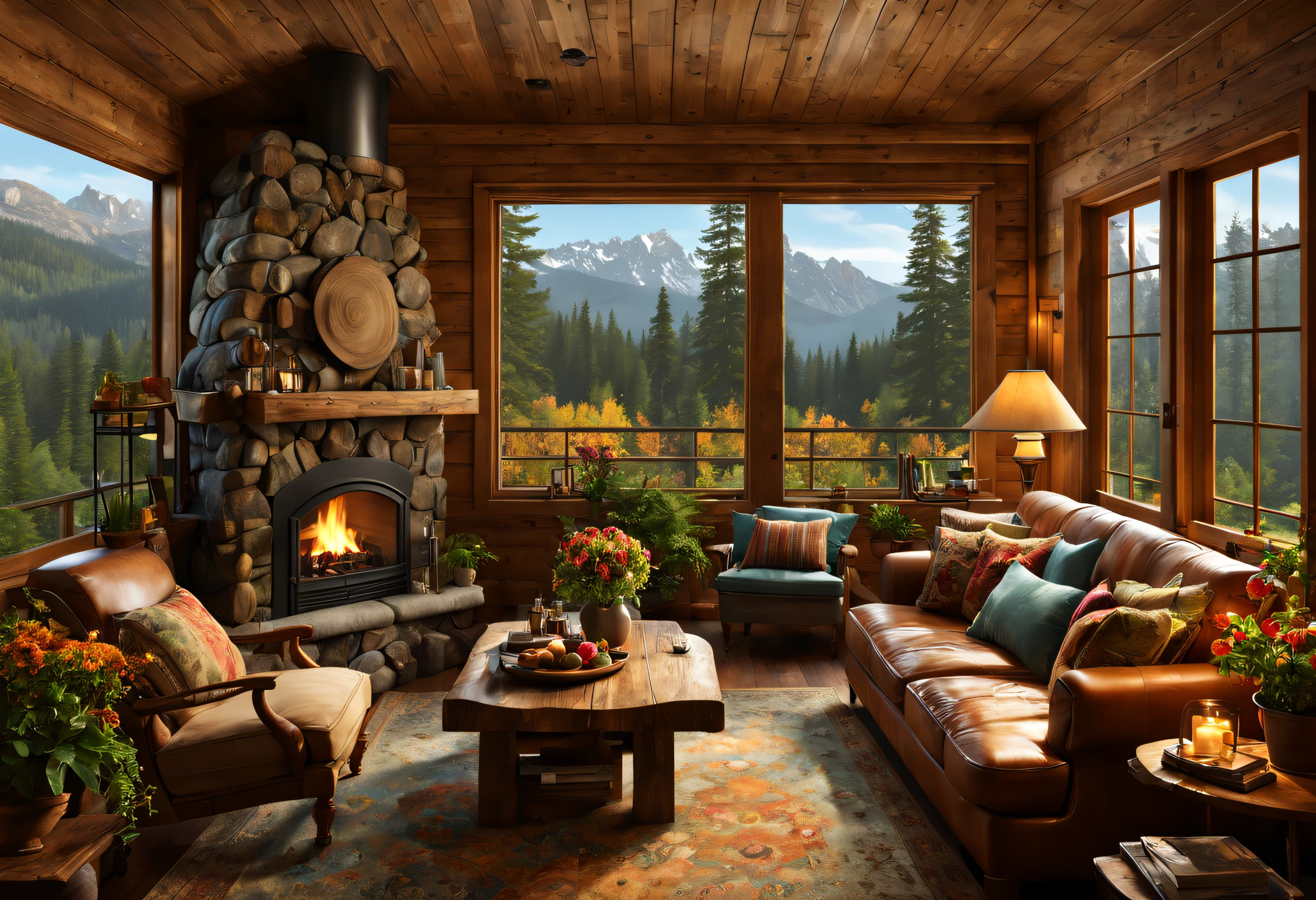 (best quality,4k,8k,highres,masterpiece:1.2),ultra-detailed,(realistic,photorealistic,photo-realistic:1.37),Mountain Cabin,cozy cabin,wooden cabin surrounded by mountains,serene atmosphere,great attention to detail,peaceful setting,panoramic view of the mountains and forest,secluded location,large windows with breathtaking views,quaint and rustic design,smoke coming out of the chimney,warm and inviting ambiance,crackling fireplace,comfy furniture,soft and warm lighting,tranquil colors,natural materials,wood paneling,beautifully landscaped garden with colorful flowers and plants,clear blue sky,fresh air,gentle breeze,rustling leaves,quietude and serenity,hiking trails,nature exploration,adventure,hideaway,escape from the busy city life,perfect place for relaxation and meditation.