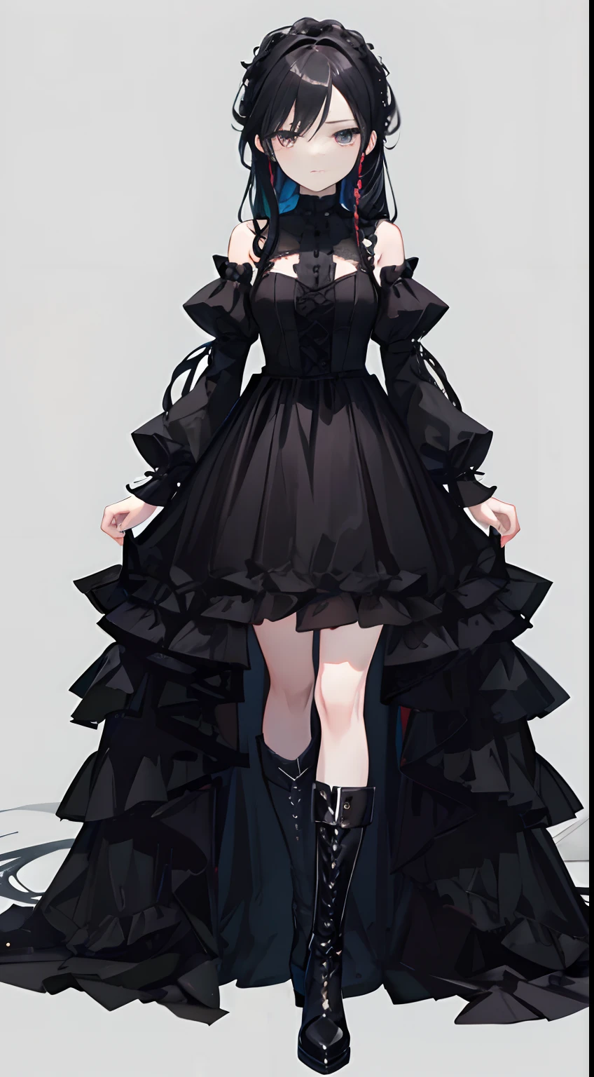 Solo，Facing the viewing angle，bit girl，，Gorgeous black wedding dress，Black hair，Fishtail braided hairstyle，Black colored eyes，A emotionless expression，Black super-heeled boots，stand posture，Extend your right leg forward，White background, Simple background, gothic style, elegant