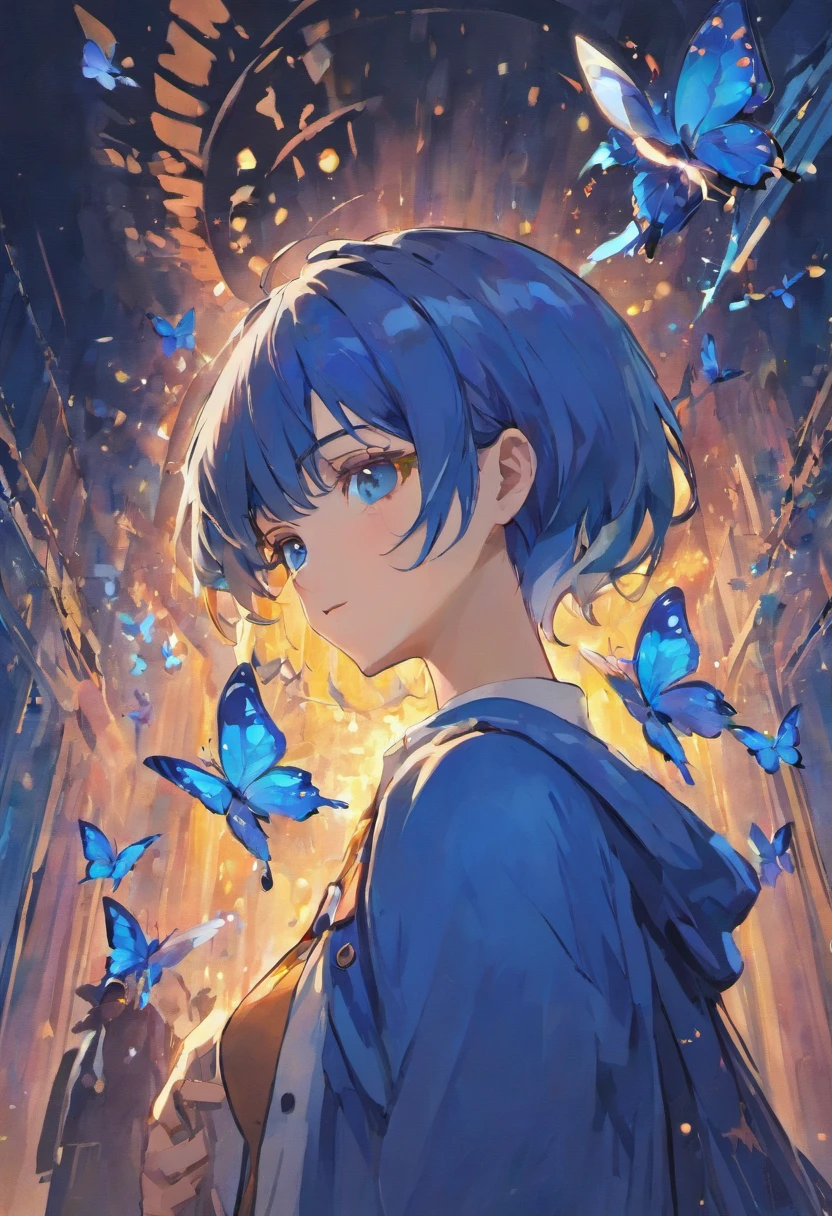 Blue delicate eyes, with a determined look in his eyes,Purse your lips,Eccentricity,high and cold,silent,Mature men,with short black hair,Black predominantly,The background is blue sky and white clouds,illumination,Particle,Orange Australian butterfly