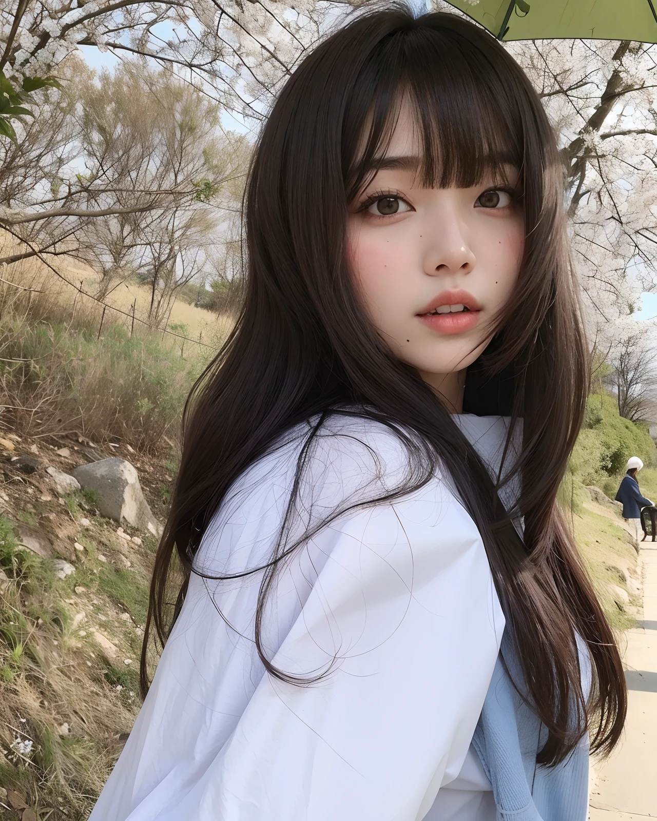There's a woman standing under a tree with an umbrella, Ulzzang, menina coreana, branco hime corte penteado, cabelo comprido com franja completa, 🤤 retrato da menina, Menina anime na vida real, Mulher sul-coreana bonita, cabelos longos com franja, Franja reta longa, com franja, cabelo arrumado com franja, com franja completa, Sakimichan