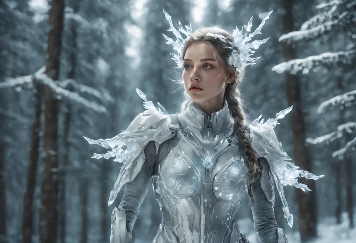 Futuristic transparent mechanical girl standing in a snowy forest, Arte conceitual de inverno, Snow and ice forest，The trees are full of ice flowers，Ice Mage, 4K fantasy art, 4K detailed digital art, ·, 4k highly detailed digital art, artgerm detailed, Ice crystal armor，dyna，lute，hdr，hyperrealistic fantasy art，Epic digital fantasy art style，Beautiful sci-fi art, Science-fi digital art illustration,science fiction digital painting, futuristic digital painting, futuristic concept art, In front of a landscape of snow-capped sci-fi pine trees and ice flowers, science fiction digital art, Fantastic transparent ethereal girl