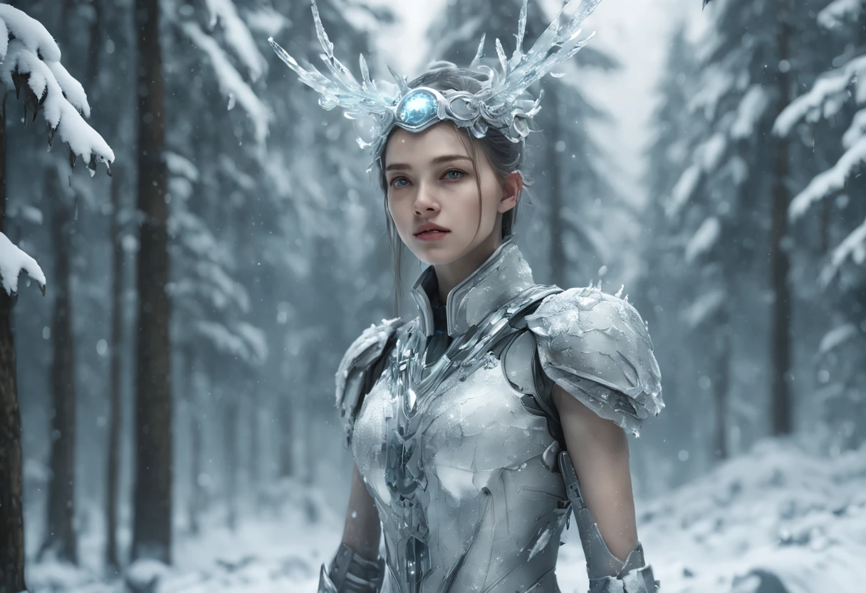 Futuristic transparent mechanical girl standing in a snowy forest, Arte conceitual de inverno, Snow and ice forest，The trees are full of ice flowers，Ice Mage, 4K fantasy art, 4K detailed digital art, ·, 4k highly detailed digital art, artgerm detailed, Ice crystal armor，dyna，lute，hdr，hyperrealistic fantasy art，Epic digital fantasy art style，Beautiful sci-fi art, Science-fi digital art illustration,science fiction digital painting, futuristic digital painting, futuristic concept art, In front of a landscape of snow-capped sci-fi pine trees and ice flowers, science fiction digital art, Fantastic transparent ethereal girl