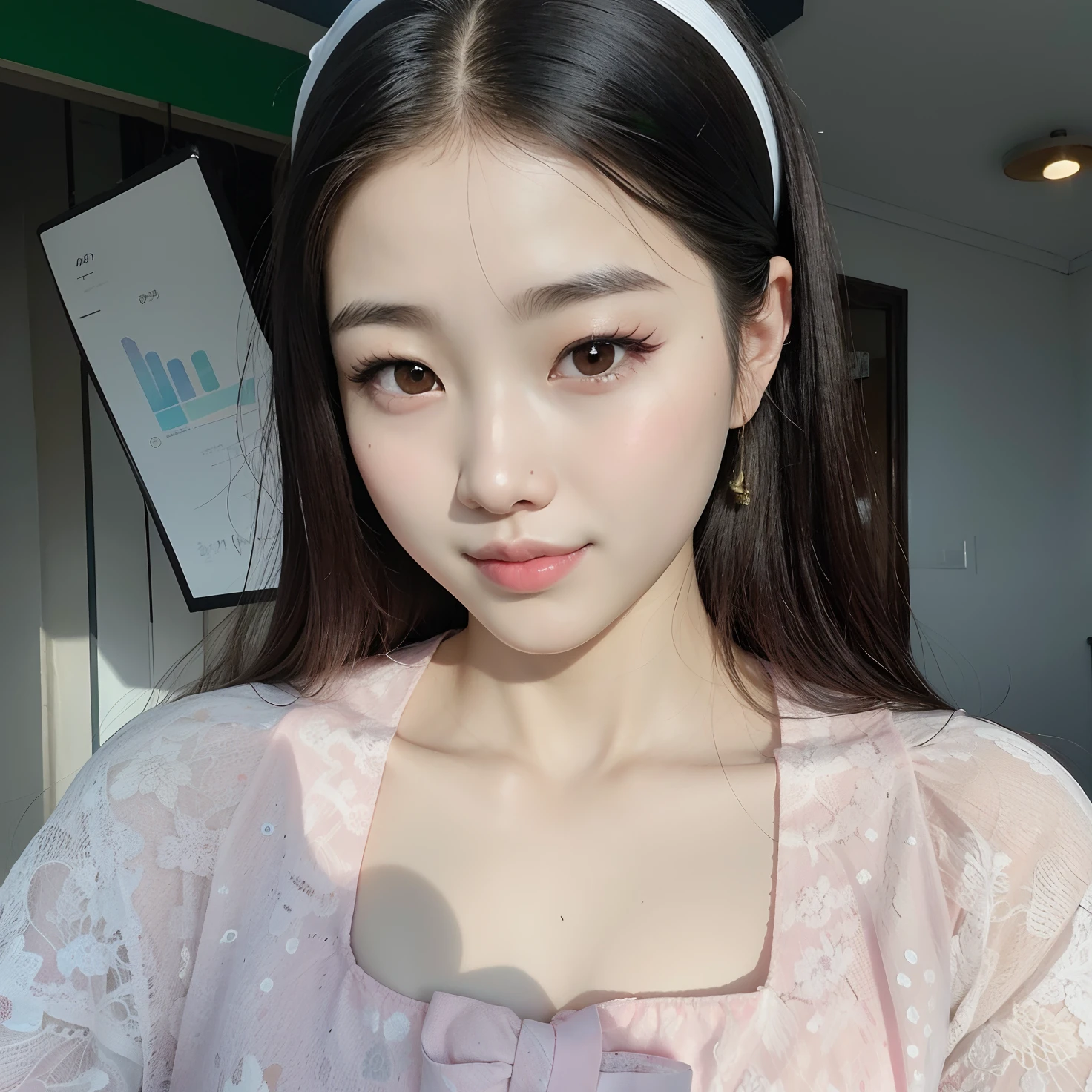There's a young woman in a pink shirt and a white headband, young adorable korean face, wan adorable korean face, Ulzzang, maquiagem sul-coreana popular, coreana, maquiagem coreana popular, mulher coreana jovem bonita, linda mulher coreana jovem, Mulher sul-coreana bonita, Jaeyeon Nam, young cute wan asian face, korean face features, com rosto redondo
