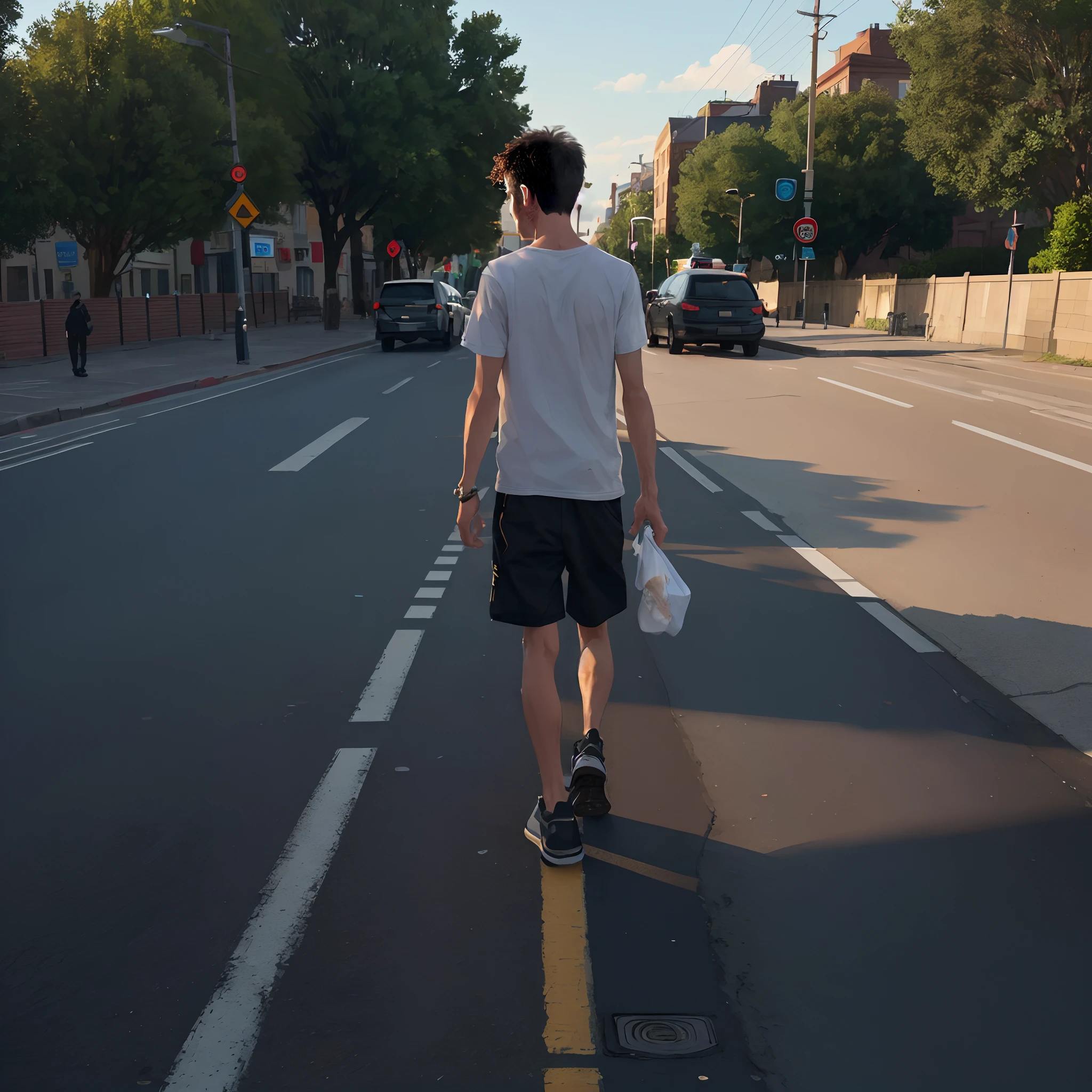 There was a man walking down the street with a cell phone, Walking on the street, which stands on the street, walking boy, In the middle of the street, Standing on the street, Have on the street, In the street, crossing road, which stands on the street, Have on the street, walking through a suburb, walking at street, On the street black trousers black pants