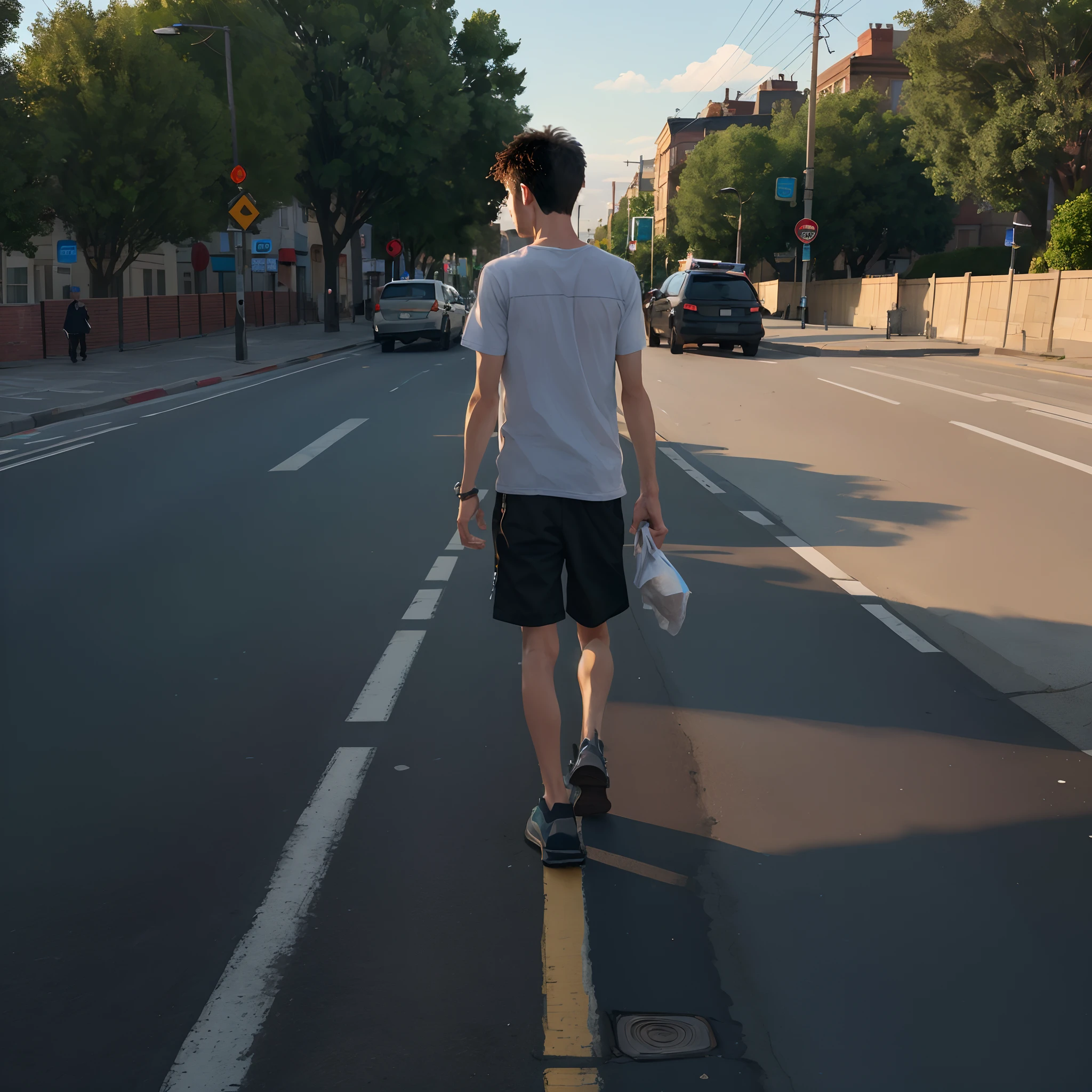 There was a man walking down the street with a cell phone, Walking on the street, which stands on the street, walking boy, In the middle of the street, Standing on the street, Have on the street, In the street, crossing road, which stands on the street, Have on the street, walking through a suburb, walking at street, On the street black trousers black pants