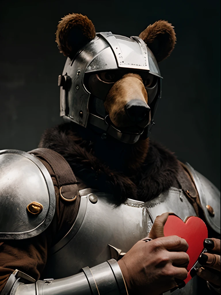 knight with bear head and ginger heart in his hands