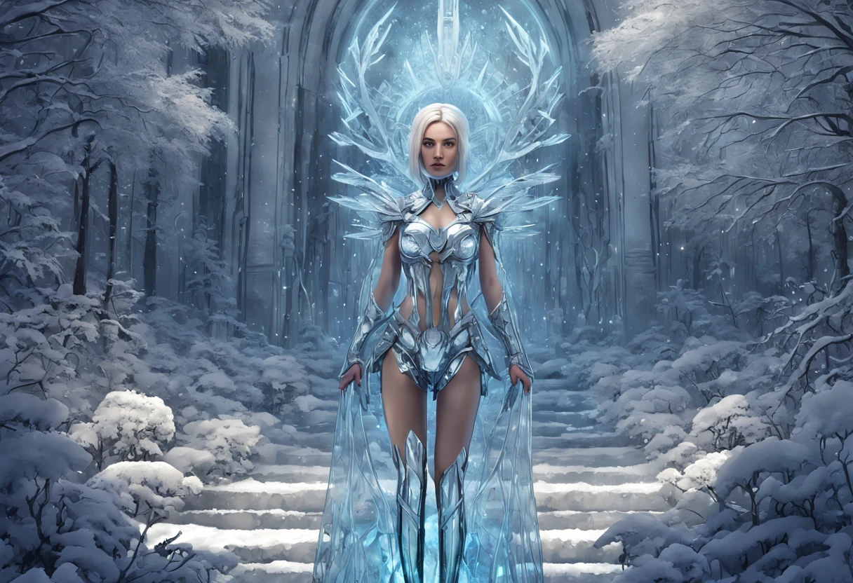 Futuristic transparent mechanical girl standing in a snowy forest, Arte conceitual de inverno, Snow and ice forest，The trees are full of ice flowers，Ice Mage, 4K fantasy art, 4K detailed digital art, ·, 4k highly detailed digital art, artgerm detailed, Ice crystal armor，dyna，lute，hdr，hyperrealistic fantasy art，Epic digital fantasy art style，Beautiful sci-fi art, Science-fi digital art illustration,science fiction digital painting, futuristic digital painting, futuristic concept art, In front of a landscape of snow-capped sci-fi pine trees and ice flowers, science fiction digital art, Fantastic transparent ethereal girl