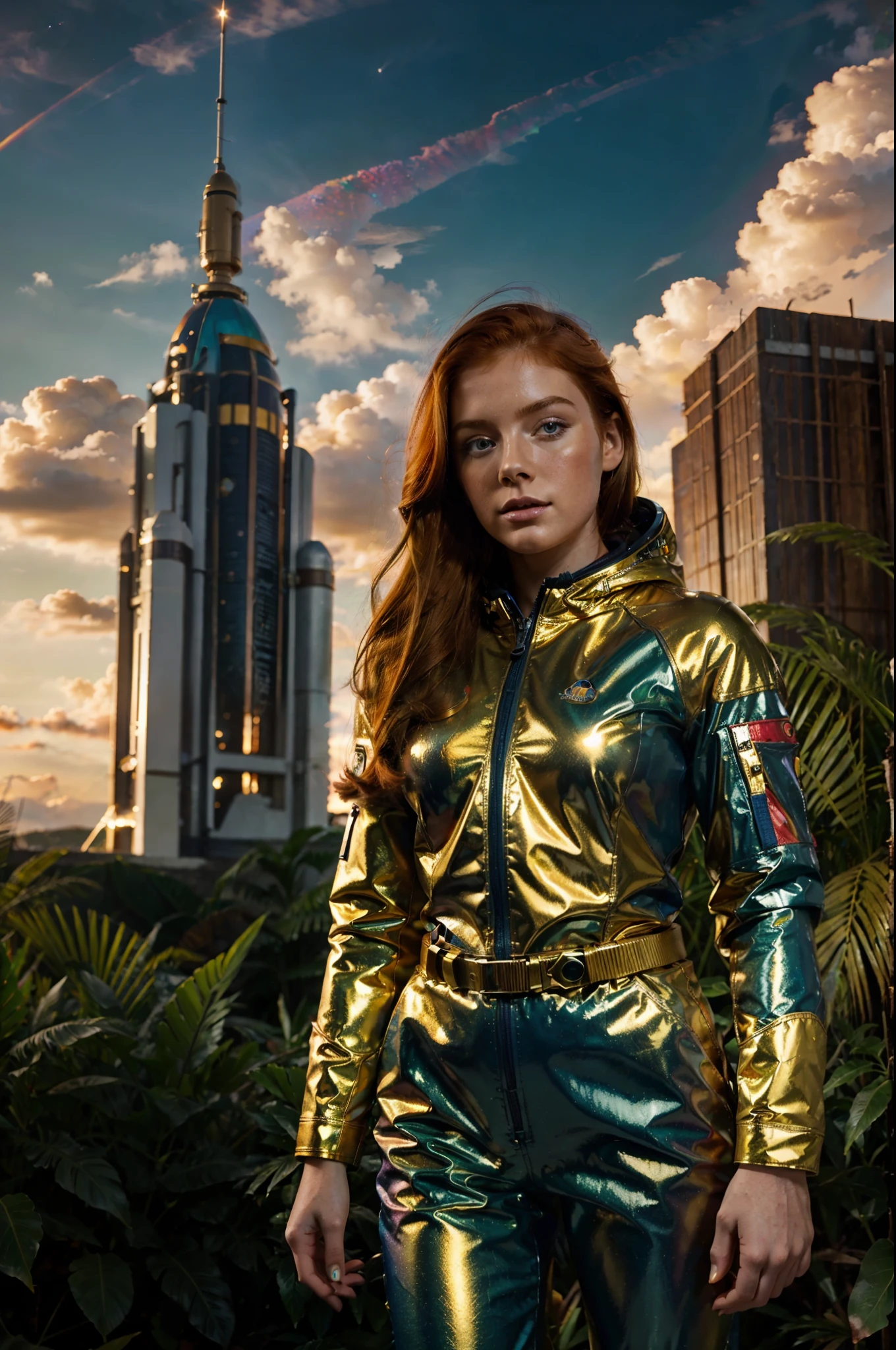 young woman space cadet, (ginger hair), mid shot, very beautiful, dramatic pose, ((colorful clouds)), detailed golden space suit, standing in tropical forest, sunset, peaceful atmosphere, vibrant, colorful