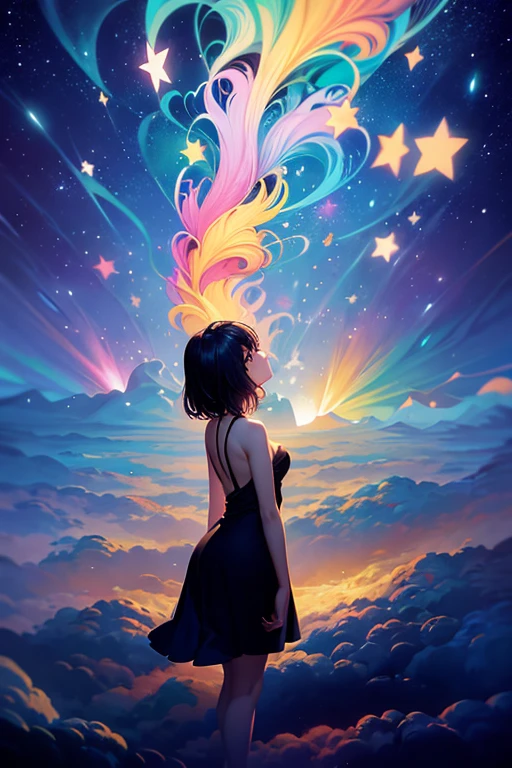a painting of a girl reaching up to a star filled sky, inspired by Cyril Rolando, with stars, in style of cyril rolando, with the sky full of stars, girl looks at the space, dreamy art, makoto shinkai cyril rolando, dreamlike digital painting, dreamy psychedelic anime, dreamy illustration, cyril rolando and goro fujita