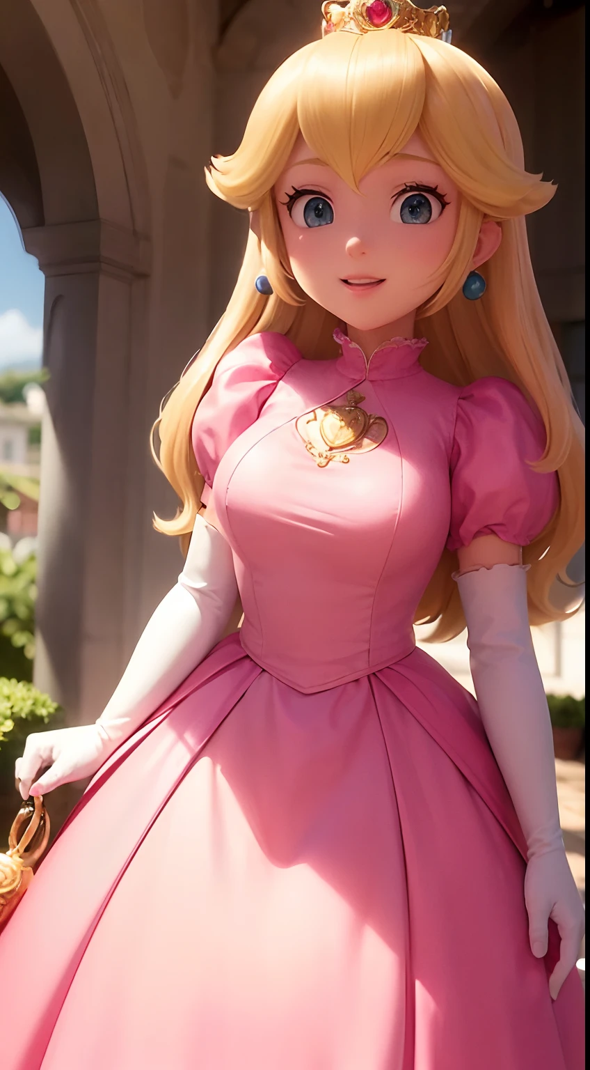 (Outside next to a tiny city,)  A gigantic Princess Peach wearing a gorgeous pink polo shirt along with a short white skirt, she is gentle and compassionate and is shown smiling gently, she is over 87,000 kilometers tall and wears a golden crown atop her blond hair and white golfing gloves. With a focus on her large alluring chest, ( large chested), she is depicted in a close-up shot with her face.