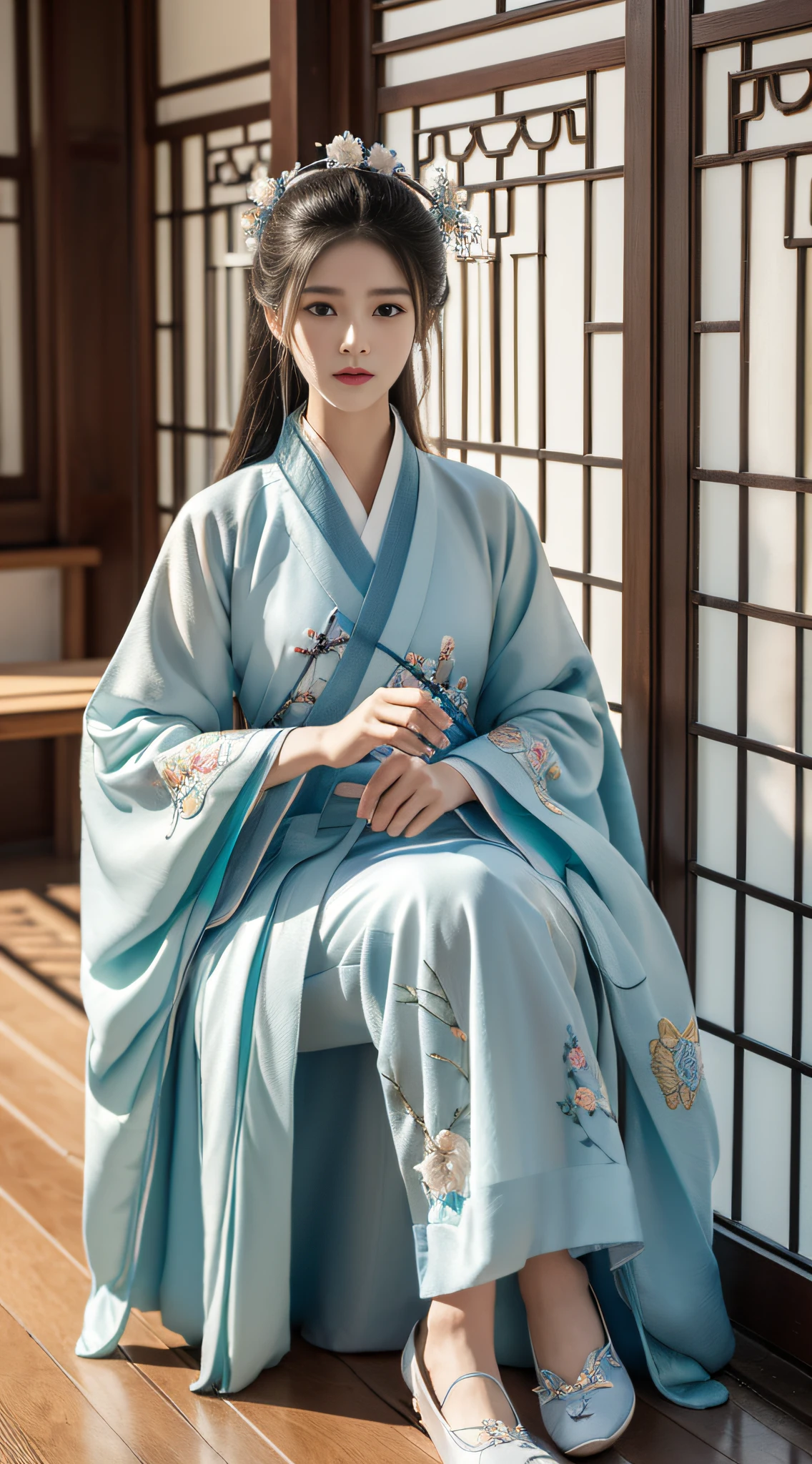 best quality, masterpiece, (photorealistic:1.4）ultra-clear，Hand detail enhancement，Light and shadow intensified，ren，Perfect facial features，Hand detail enhancement，Hanfu，Fan in hand，Embroidered shoes on the feet，Stand by the window