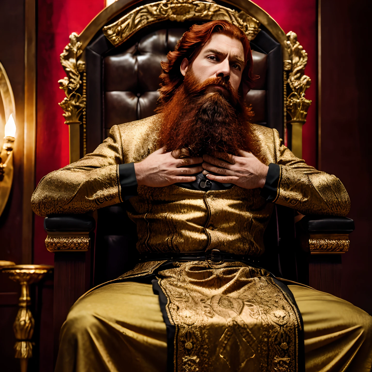 Produce a realistic depiction of a red-haired king with a majestic beard, vestido com trajes antigos reais e coroado, sentado imponentemente em um trono ornamentado. A cena deve transmitir autoridade e nobreza. Detalhes faciais, como rugas, Facial expressions and the texture of the beard, devem ser evidenciados. O ambiente ao redor do trono deve ser luxuoso e condizente com a realeza, com detalhes que sugiram poder e riqueza. Rich colors and dramatic lighting can be used to emphasize the grandeur of the scene.