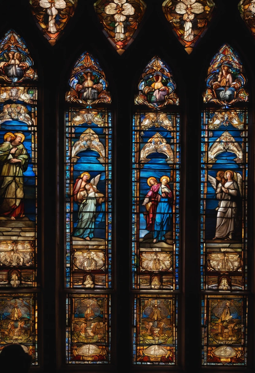 Stained glass windows with angels on a university campus，Many students