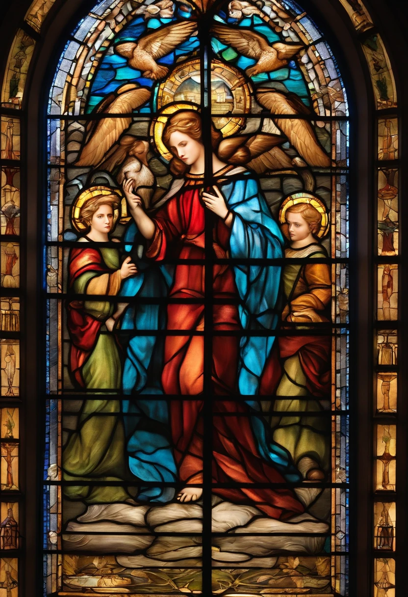 stain glass (High transparency.Fine。The Angels Who Descended。realisitic(, Delicate, High quality, Clear, Vivid, High transparency.shine. stain glass。disorderly)、。trickart.。Gloomy night。telephoto lens。Mystical light